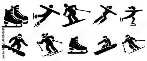 Winter Sports Silhouette Set Skiing Skating and Snow Activities Black Icons type Vector Illustration 