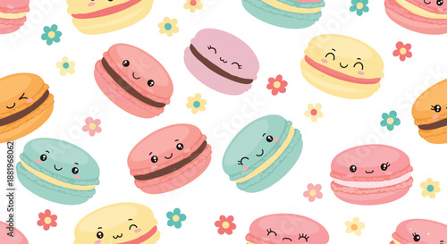 Kawaii seamless pattern of colorful macarons with cute smiling faces and tiny flowers on a white background for sweet shop and bakery decor.