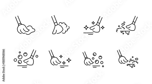 Set of eight cleaning icons: illustrations for dusting, scrubbing, polishing, and wiping actions