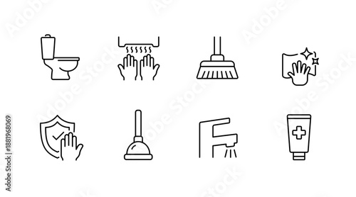 Bathroom essentials: toilet icon set with handwashing, cleaning, and hygiene symbols