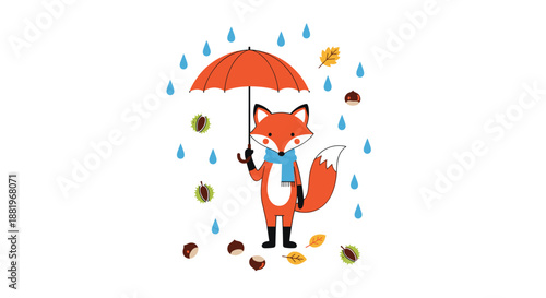 Cute autumn illustration of a fox holding a red umbrella standing in the rain with falling leaves and chestnuts on a white background for cards.