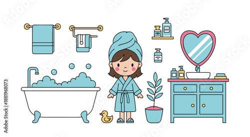 Illustration of a cute girl in a blue bathrobe and hair towel standing in a bathroom with a bathtub vanity and various personal care items.