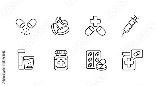 Set of medication icons featuring pills, syringe, and medical bottles