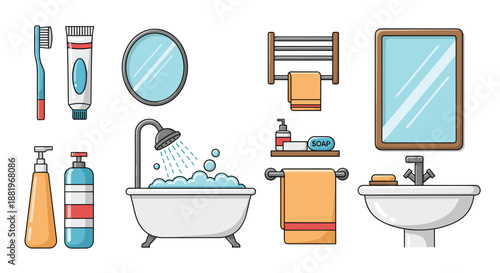 Collection of various bathroom icons including a bathtub sink shower head towels and toiletries in a clean flat style for interior design.