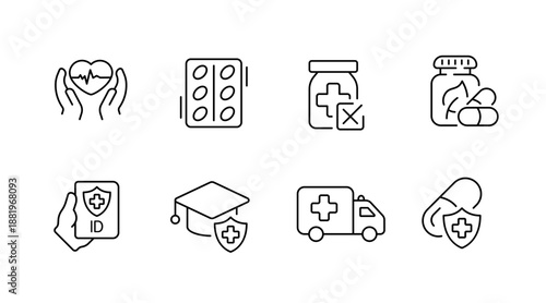 Healthcare icons: medicine, ambulance, education, and id symbols