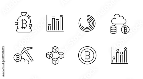 Cryptocurrency icon set featuring bitcoin mining, blockchain, and data visualization