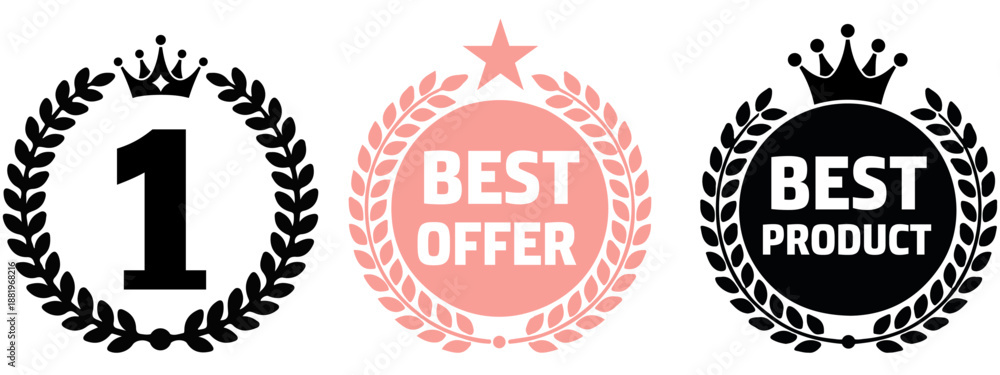 Obraz premium Best Offer Badge Vector Icon, Pink Laurel Wreath Seal and Star Symbol for Marketing, Sales, and E-commerce Promotion, vector illustration of a black and white background