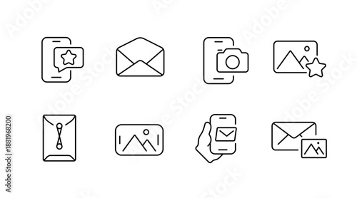 Minimalist line icons: messaging, email, camera, image, envelope, hand, star symbol set