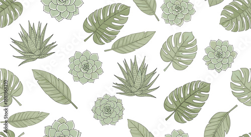 Beautiful seamless pattern showcasing green monstera leaves and various succulent rosettes on a clean white background.