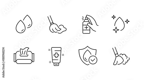 Minimalist hygiene icons set: soap, sanitizer, wipes, clean