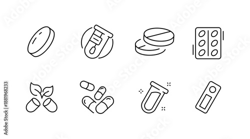 Set of medical and pharmaceutical icons: pills, test tubes, capsules, blister pack