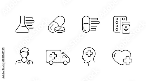 Medical icons set: laboratory, capsule, transport, healthcare symbols