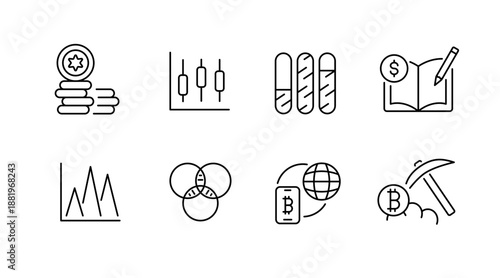 Minimalist finance icons: cryptocurrency, market trends, investment analysis, bitcoin, data visualization