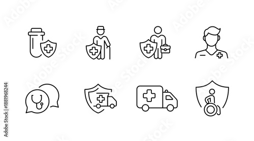 Healthcare icons: medicine, doctor, emergency, wheelchair, medical shield, support