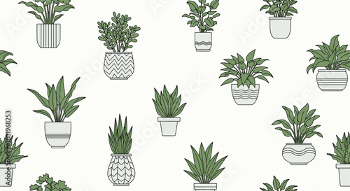 Elegant seamless pattern showcasing a variety of potted green houseplants in decorative white and patterned pots.