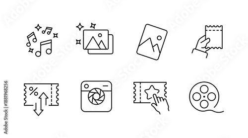 Icon set: music, images, tickets, camera, film reel - simple black line design