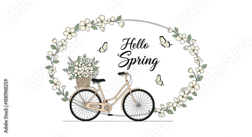 Hello spring greeting card with an elegant floral frame surrounding a vintage bicycle and fluttering butterflies.