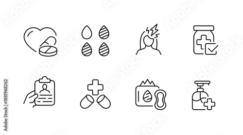 Healthcare icon set with pills, medicine bottle, heart, and clipboard