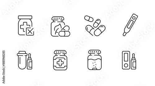 Medical icon set: pills, syringe, thermometer, medicine bottles