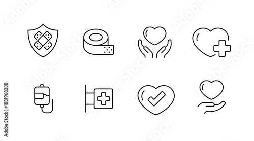 Set of medical icons: shield, tape, heart, blood bag, hospital, plus sign, checked heart, hand