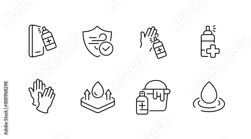 Hygiene line icons: sanitizer, gloves, soap, water, health, cleanliness, protection