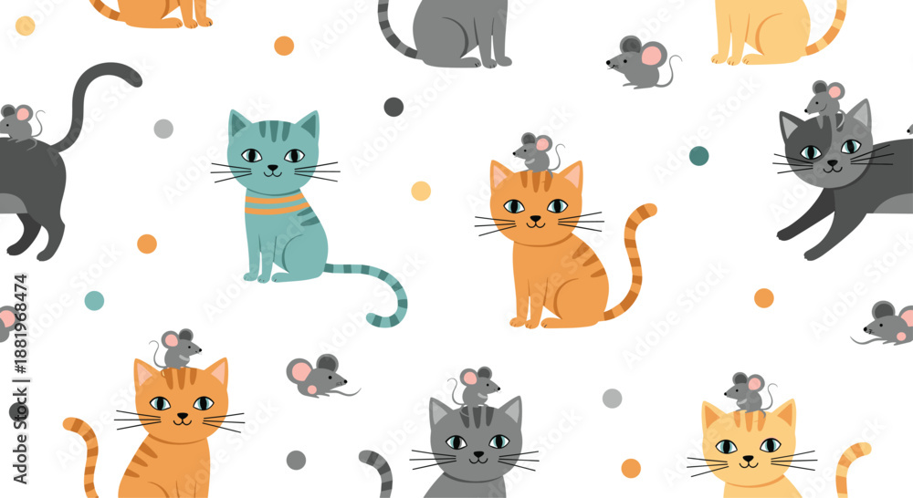 Obraz premium Seamless pattern with cute colorful cats and small gray mice playing together with dots on a white background.
