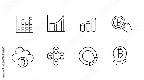 Bitcoin growth and blockchain technology icons set