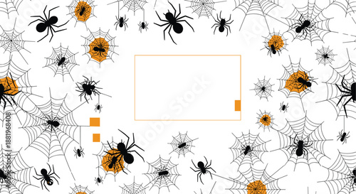 Spooky halloween seamless pattern with black spiders and white spiderwebs featuring bright orange paint splats.