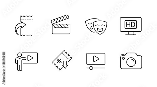 Film and media icons: ticket, clapperboard, masks, hd display, play button, discount, video, camera