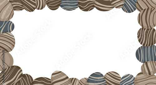 Rectangular frame border composed of various striped river stones and pebbles in shades of brown and gray on white background.