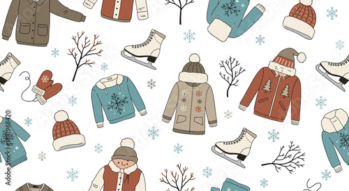 Cozy winter themed seamless pattern featuring warm clothing, ice skates, bare trees, and delicate blue snowflakes.