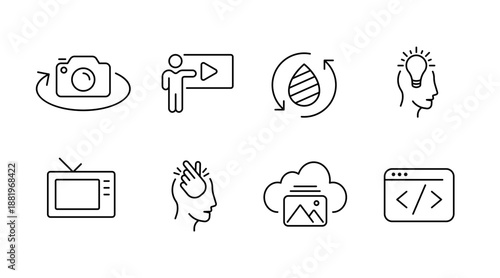 Simple line icons: camera, presentation, recycling, creativity, tv, headache, cloud storage, coding