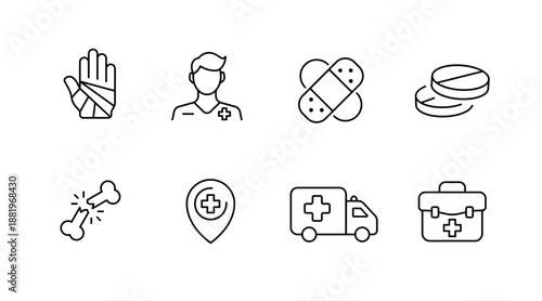 Medicine and healthcare icons: bandage, pills, ambulance, doctor, first aid, map pin