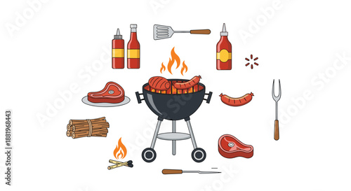 Collection of barbecue equipment and food items including a grill, steak, sausage, sauces, logs, and cooking utensils on white.
