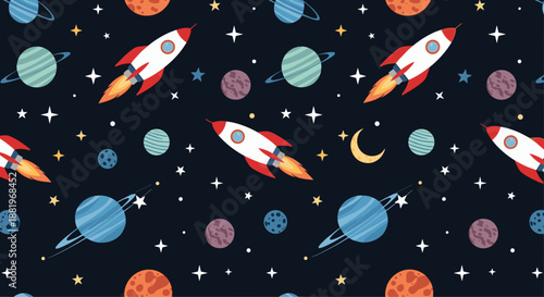 Seamless space pattern with colorful cartoon rockets, planets, stars, and moons on a dark blue galactic background.