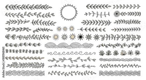 Large collection of hand drawn black and white floral borders, dividers, wreaths, and decorative ornaments for design.