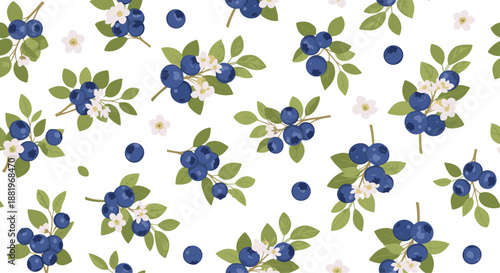 Seamless pattern with clusters of ripe blueberries, green leaves, and white blossoms on a plain white background.
