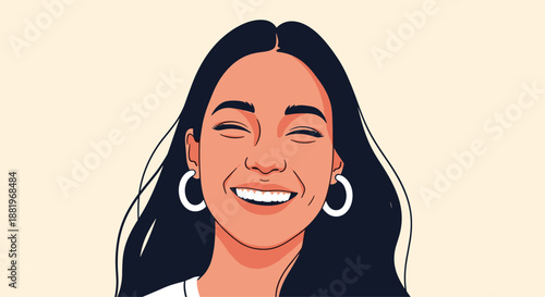 Close up portrait of a happy young woman with long dark hair, white hoop earrings, and a bright white smile on a plain background.