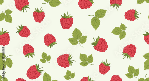 Seamless fruit pattern featuring ripe red raspberries and green leaves scattered on a light cream background.