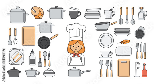 Extensive set of kitchen utensils, pots, pans, and tableware arranged around a cute female chef character in uniform.