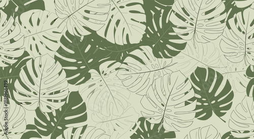 Seamless pattern featuring various shades of green monstera deliciosa leaves creating a lush tropical foliage background.