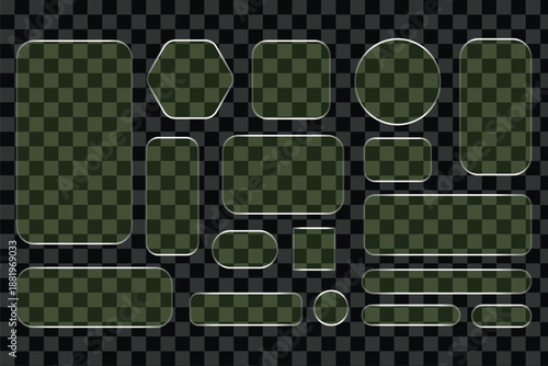 3d transparent glass set in gradient geometric pattern with rainbow light. Crystal heart, arrow, star and liquid speech bubble icon. Futuristic mirror frame or plastic for mobile phone game interface