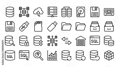 Database and data storage vector icon set. Minimal monoline outline style. Server, cloud computing, hard drive, network, sql, backup symbols. Linear web interface. Tech line art.