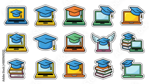 E-learning sticker icons. Graduation cap on laptop. Online education concept. Digital study symbols. Remote learning badges. Academic success. Virtual school. Distance training class.