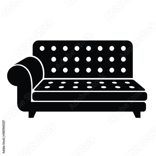 a simple black silhouette of an upholstered sofa with decorative button details