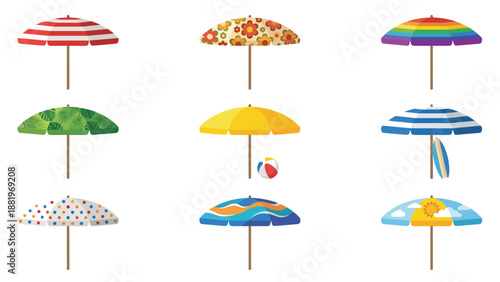 Summer beach umbrella icons set. Flat vector parasols. Colorful vacation sunshades. Striped floral rainbow patterns. Holiday travel tourism symbols. Resort equipment. Sun protection.