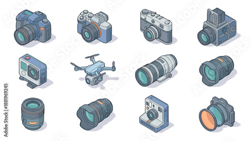 Isometric photography icons set. Camera and lens vector collection. 3D digital equipment. DSLR, drone, action cam, vintage, instant photo. Professional studio gear. Optical tech.