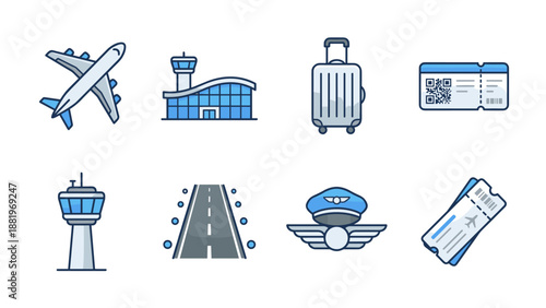 Airport and aviation icons set. Vector travel symbols airplane, terminal, luggage suitcase, boarding pass, control tower. Flight journey. Tourism transport. Linear color style.