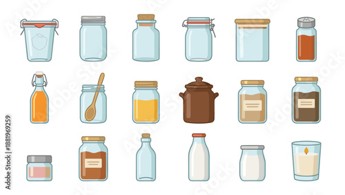 Glass jar icons set. Zero waste kitchen storage vector collection. Flat food containers. Sustainable pantry organization. Mason jars bottle canning. Eco friendly lifestyle symbols.