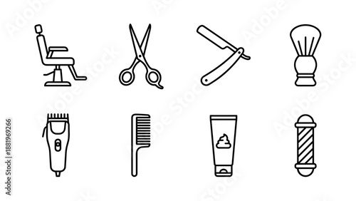 Barbershop icons set. Line art vector salon tools. Chair, scissors, razor, brush, clipper, comb, pole, cream. Grooming equipment symbols. Men's haircut. Black outline style isolated